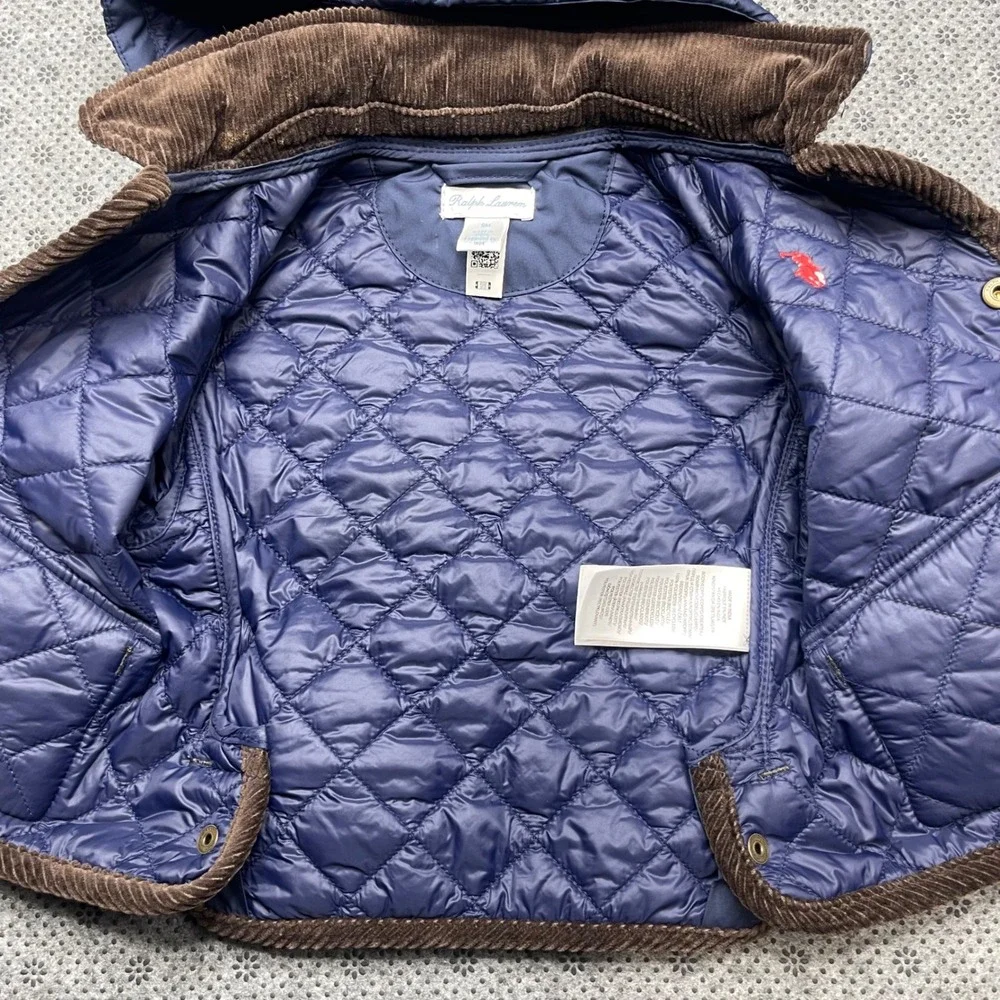 Ralph Lauren Kids Navy Blue Quilted Hooded Barn Jacket Corduroy Trim‎ 9M